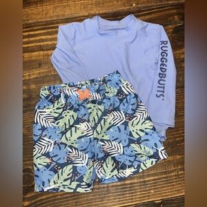 RuggedButts Blue Rash Guard and Leaf Print Swim Trunks Set